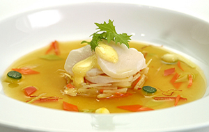 Atlantic Scallops and Marinated Fennel with Saffron Broth, Orange Sabayon - Clearwater