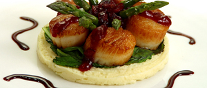 Clearwater Sea Scallops with Cranberry Chutney, Celery Root and Mustard Greens - Clearwater